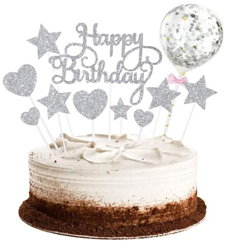 saizone Decoración para Tarta, 15 PCS para Tartas de Feliz Cumpleaños, Estrellas, Corazón, Cupcakes con Globo Brillante, Cupcakes de Cumpleaños, Decoración para Fiesta (Plata)
