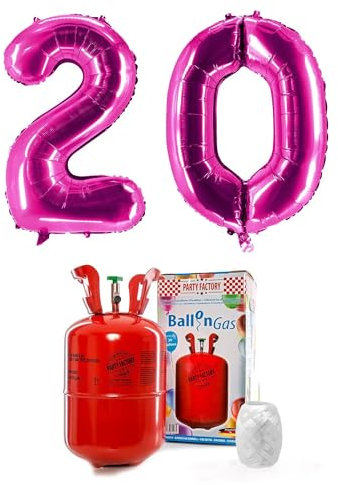 PARTY FACTORY Helium Set 20 mit XXL Zahlenballons, Ballongas und Ballonschnur - für Geburtstag, Jubiläum, Jahrestag; Gold, Silber, Schwarz, Pink, Rosa, Rosagold, Bunt (Pink)