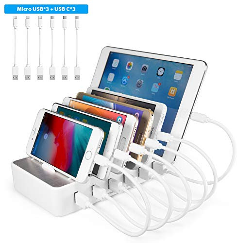 YOJA Station de Charge 6 Port USB Chargeur Multiple Station Recharge Support Charge Station Chargement pour Smartphone avec 6 Câbles Court Blanc (Modèle 2)