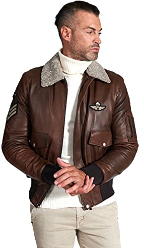 D'Arienzo Giacca Bomber in Pelle Marrone Nuvolato Uomo Collo Montone Giubbotto Giubbino Vera Pelle Made in Italy Aviatore 48/Marrone