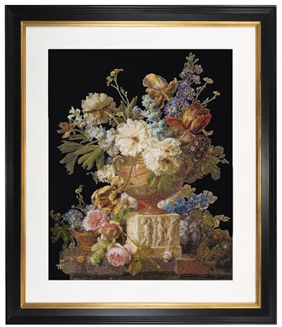 Thea Gouverneur - Counted Cross Stitch Kit - Flower Still-Life with an Alabaster Vase - Aida Black - 18 Count - for Adults - DMC Embroidery Threads and Other Cross Stitch Supplies Included - 580.05