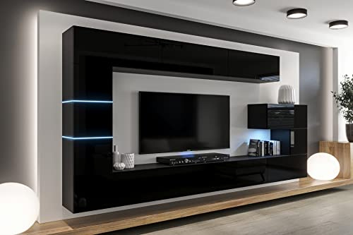 Furnitech Wohnwand Wohnzimmer - Möbel mit LED Blau - Hängend Wohnwand Modern - Schrankwand mit Regale und TV Schrank (AN89NEW-21B-HG1)