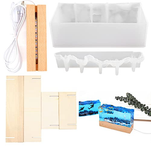 KyeeaDIY 4 Stück LED Resin Gießformen - Silikon Formen für Berg und Meereswellen mit Holzzubehör - DIY Landschafts-Nachtlampe (Meeresformen)