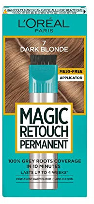 L'Oréal Paris Magic Retouch Permanent Root Concealer, Dark Blonde 7. Offers flawless coverage for grey regrowth. This 75ml solution ensures targeted, quick, and easy application for lasting results.