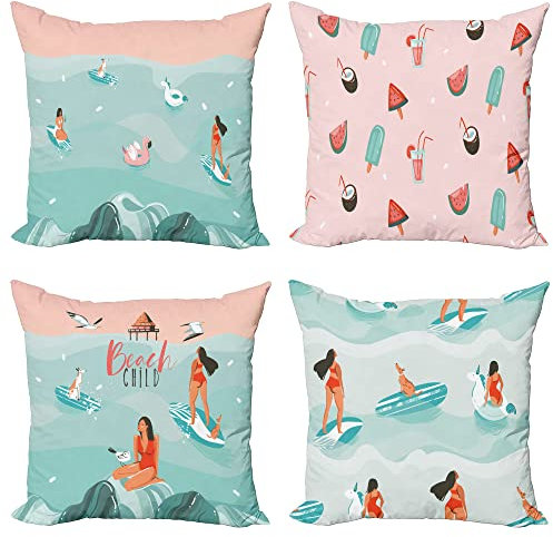 ABAKUHAUS Sommer Dekokissen Kissenbezug 4er Pack, Surfen Strand Ozean EIS am Stiel Modern Accent Doppelseitiger Digitaldruck, 60 cm x 60 cm, Blush und Meerschaum