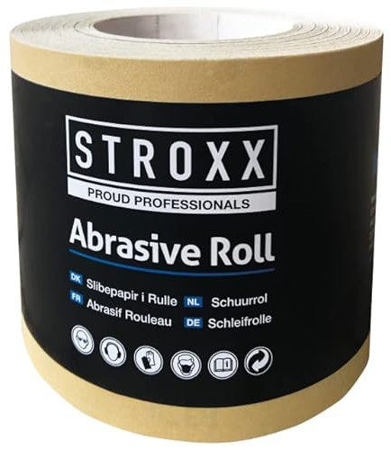 STROXX – Schleifrolle 115 mm x 50m – Universalschleifmittel zum Schleifen von Holz, Spanplatten, Gips, Metall & anderen Werkstoffen – Schleifpapier mit hohem Abtrag & langer Standzeit (Korn 240)