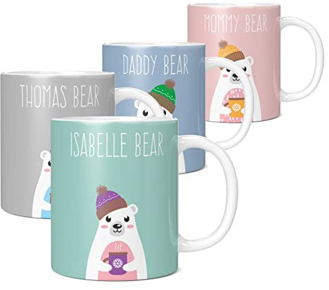 Mug Monster Juego personalizado de tazas de Navidad familiares, diseño de oso polar con nombre personalizado, perfecto para chocolate caliente, relleno de calcetines de Navidad, rellenos de caja de
