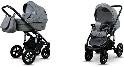 BabyLux® Sky Lark 2-in-1 Baby Kinderwagen Tief und Kinderwagen mit Zubehör Verstellbar und faltbar Aluminiumkonstruktion Wasserdicht Nicht abnehmbare Räder Grey Flex Black Frame