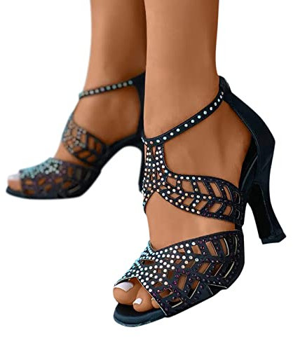 Générique Sandale Femme Cuir, Femmes Noir Strass Sandales, Summer Fashion Peep-Toe Talons Sandales, Roman Creusé Chaussures Danse Habillé