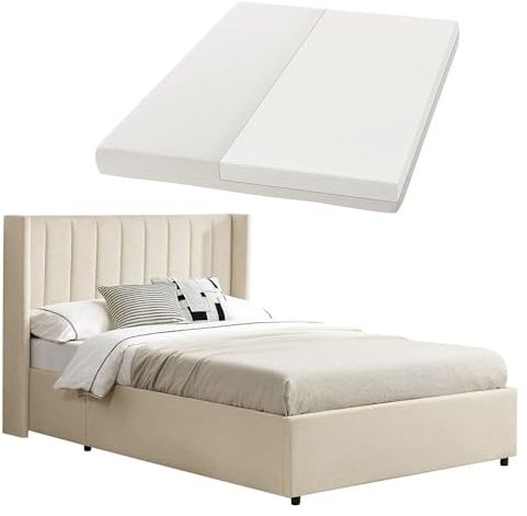 Juskys Polsterbett Savona 120x200 cm mit Matratze, Bett mit Stauraum, Samt-Bezug, Bettgestell aus Holz, bis 250 kg, großes Kopfteil, Beige