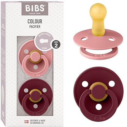 BIBS Colour Schnuller 2er-Pack, BPA-frei, Kirschform Nippel. Naturkautschuk/Latex, Hergestellt in Dänemark, Größe 2 (6-18 Monate), Dusty Pink/Elderberry