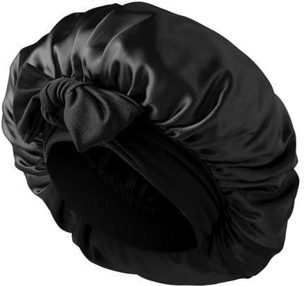 Abeillo Schlafmütze Satin Bonnet Nacht Schlaf Mütze, Nachtmütze Haarhaube, Verstellbare Seidenhaube zum Schlafen mit Elastischem Band, Satin Seiden für Damen und Mädchen Alle Haartypen (Schwarz)