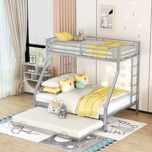 Daesar Doppelbett Etagenbett, Metallbett mit ausziehbarem Bett, Metallrahmenbett mit Leiter, Jugendbett für Kinder Jugendliche Erwachsene, 90(140) x200CM, Silber