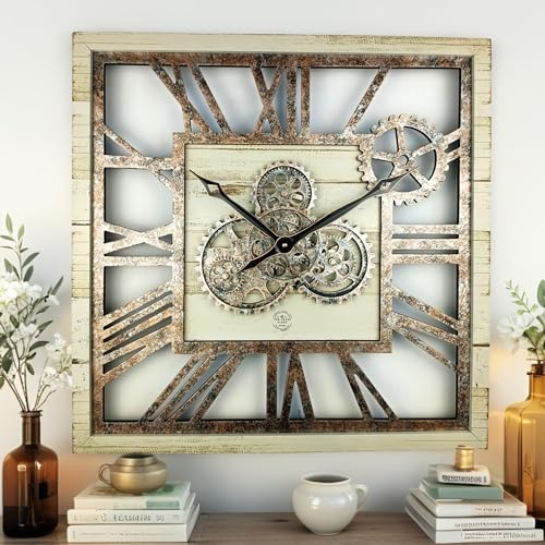 ImprovingLife The Gears Clock Wanduhr, 61 cm, quadratisch, echte bewegliche Zahnräder, Vintage, industriell, übergroß, rustikales Bauernhaus (Wüstenbeige)
