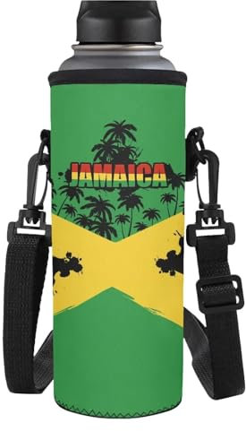 HUGS IDEA Jamaia Flag Palm Tree Water Bottle Bag for Kids, Lightweight Neoprene Insulated Bottle Carrier Pouch with Shoulder Strap