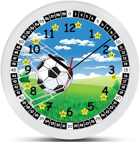 K&L Wall Art Fußball Lernuhr Kinder Wanduhr Junge lautlose Kinderuhr modern Mädchen Jungenuhr ohne Tickgeräusche (Blau, Grün, 30 cm)