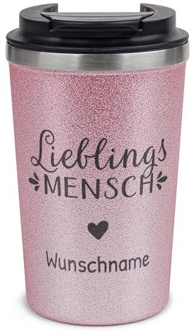 Tassendruck Glitzer To-Go Thermobecher mit Name personalisiert Lieblingsmensch Geschenk für Freundin | Nachhaltig, Edelstahl doppelwandig, inkl. Deckel, Rosa, 350 ml
