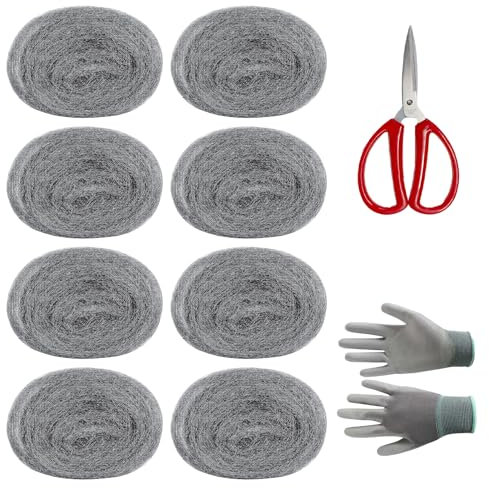 Stahlwolle rostfreie Stahlwolle Stahlwolle zum Reinigen, Polieren Schere mit Arbeitshandschuhen Stahlwolle Stahlwolle für Löcher Risse in den Wänden des Hauses (Insgesamt 8 Rollen, 5 Meter pro Rolle)