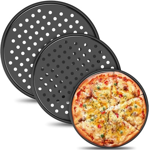 3 teglie per pizza con fori perforati, 3 tagli/4 misure, in acciaio al carbonio, per pizza, facile da scaricare, per pizza e pizza