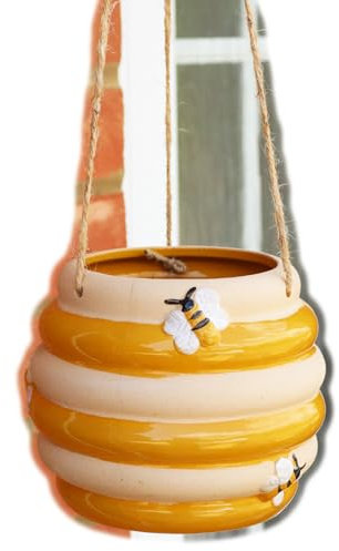 Yellow Beehive Hanging Planter 15cm Ceramic Round Outdoor Garden Honey Bee Flower Pot