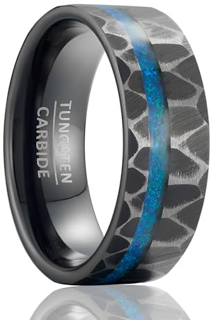 SOXEMAN Forge Serie Parallelkorn-Band, 8 mm breiter Herren-Hochzeitsring aus Wolframkarbid mit gehämmertem schwarzen Finish & Blauopal-Einlage (US-Größen)