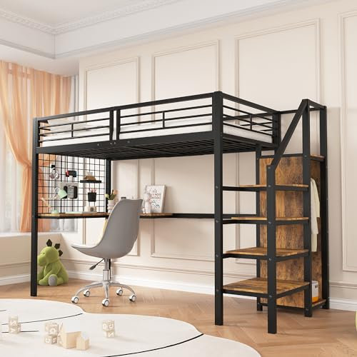 Lit superposé Enfants 90x200 avec Table et Armoire,lit cabane Enfants,lit Mezzanine 2 Places,lit Enfant avec Barriere,lit Mezzanine escalier avec Main Courante,Noir + Bois foncé