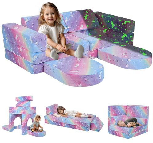MeMoreCool Spielsofa Schlafsofa Kinder, Schaumstoff Soft Bausteine Couch, Fancy Spielsofa einen aufregenden Indoor-Spielplatz für das Kinderzimmer, Kuschelecke ideal für Kinder, Rainbow