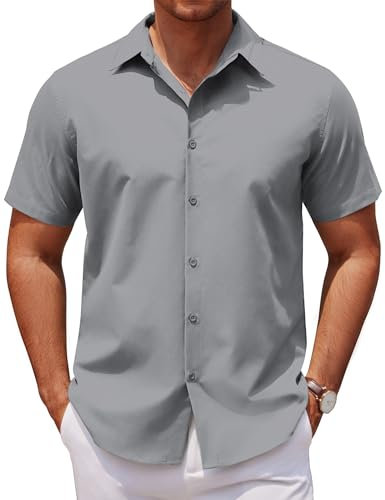 COOFANDY Mens Smart Casual Short Sleeve Shirts Summer Button Down Business Dress Formal Work Shirts Regular Fit Holiday Top Light Grey L