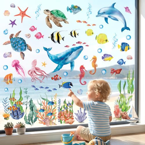 DECOWALL Meerestiere-Fensteraufkleber Beidseitig sichtbar (CDS9-9004) | Statisch haftend & wiederverwendbar; Wal, Delfin, Schildkröte, Qualle & Fische für farbenfrohe Unterwasserdeko