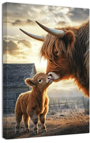 ZQQART Wandbild mit Hochlandkuh flauschiges Rind und Kalb Leinwanddrucke Longhorn Rinder Gemälde Kunst Bauernhausbilder Wanddekoration Rahmen(Braun,40x60cm)