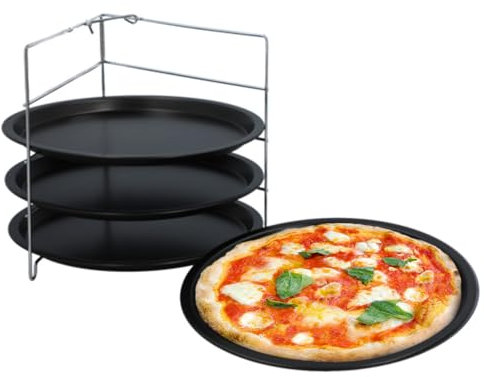 PALUPLUS Set 4 Teglie Pizza con Supporto, Diametro 28 cm, Tegami in Acciaio con Rivestimento Antiaderente resistente ai Graffi, Griglia Porta Teglie in Acciaio, Made in Italy -3818M
