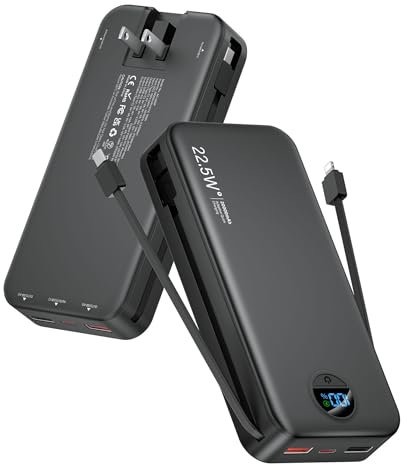 citicr Portable Charger Power Bank, 20000mAh 22.5W USB C Fast Charging with Built-in Cables & Wall Plug, External Battery Bank with LED Display, Travel Essential for iPhone, iPad, Samsung Black