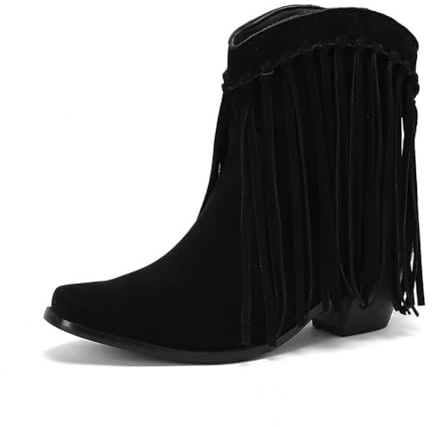 Stivaletti da Cowboy Western con Frange Tacco Largo Medio da Donna in Pelle Scamosciata Punta Quadrata Stivali da Cowgirl