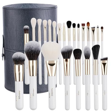 Set de pinceaux maquillage (24 pièces) – Fond de teint, poudre, correcteur, enlumineur, contour, fards à paupières & blush – Pinceaux visage & yeux avec poils doux – Étui en cuir inclus