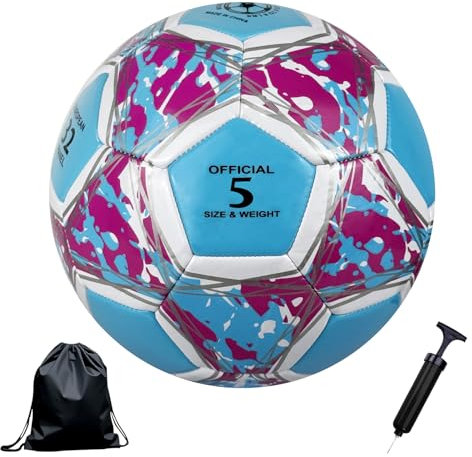 Ballon de Football Taille 5,Foot-Ball Match Entraînement Adolescents Ballon de Football avec Pompe à Air Sac en Filet et Aiguille pour 11 Réguliers D'équipe (Bleu Rose, Taille 5)