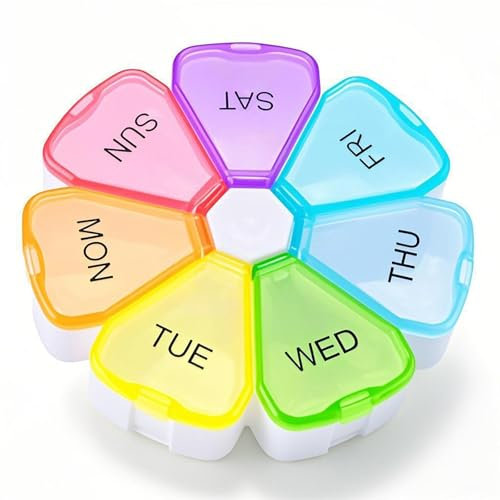 Opret Weekly Pill Organiser, Cute Pill Box 7 Day 1 Times a Day, Portable Travel Tablet Organiser with 7 Large Compartments for Vitamins Supplements Medication (Rainbow)
