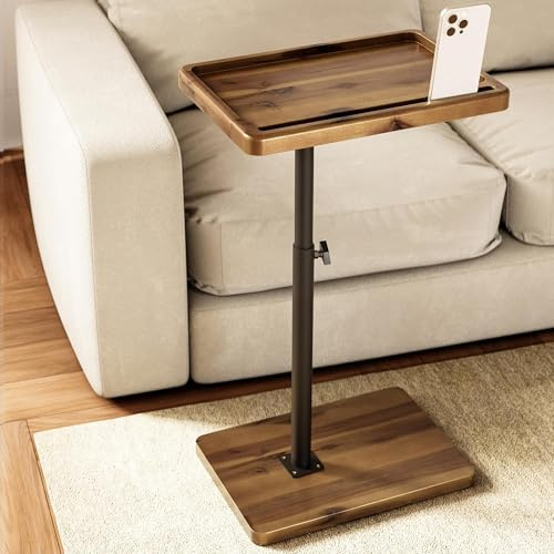 HOLANA Akazienholz verstellbarer C-förmiger Couchtisch - 360° drehbarer Beistelltisch für Sofa - Kleiner Beistelltisch für iPad, Laptop oder TV-Tablett - Esstabletts für Wohnzimmer oder Nachttisch