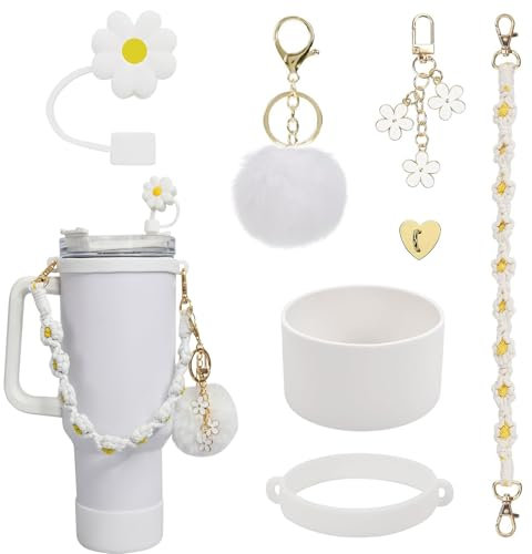 Stanley Cup Accessories Set, 7 Pcs Including Silicone Boot, Water Bottle Handle Strap, Straw Cover Cap, Boho Woven Handle Strap, Charms & More Compatible with Stanley Tumbler for 30/40 oz Cup (White)