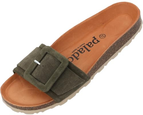 Palado Pantoletten Damen Nubra - bequeme Sandalen Made in Spain - Hausschuhe mit dämpfendem Kork-Fußbett - modische Sommerschuhe Khaki UK5,5 - EU38