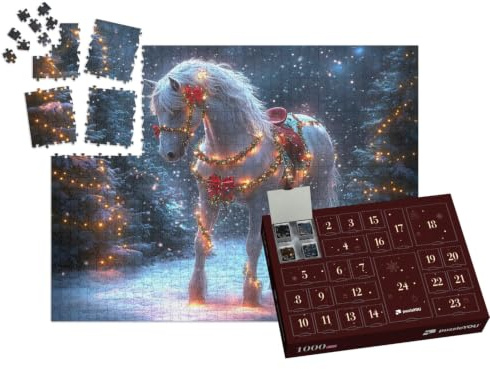puzzleYOU: Puzzle-Adventskalender | „Festlich geschmücktes Pferd im Weihnachtswald“