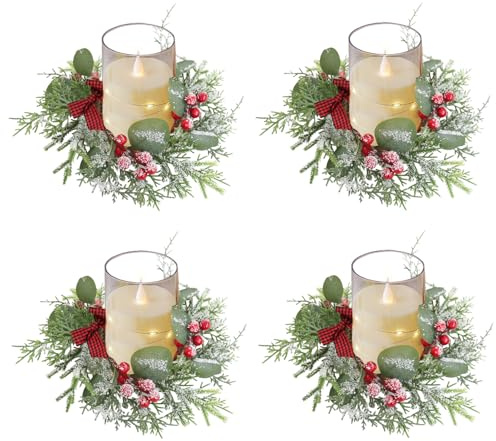 Weihnachts Kerzenring, 4 Stück Weihnachtskerzen Ringe mit Künstliche Eukalyptus, Schleifen, Beerenkranz Weihnachtskranz Adventskranz Kerzengirlande Kerzenkranz für Stumpenkerzen, Weihnachten Tischdeko