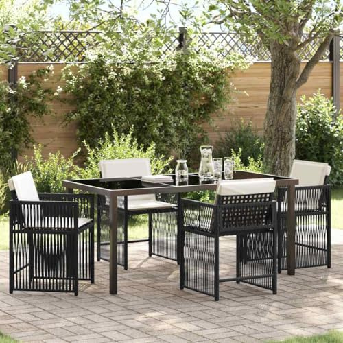 QJBSAVVA 5-TLG Gartenmöbel Set Schwarz Poly-Rattan 180x90 cm Essgruppe mit Stahlrahmen und Glastisch Modern & Wetterbeständig für Garten Balkon Terrasse