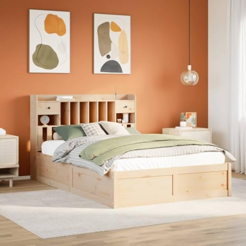QJBSAVVA Massivholz Ehebett 140x190 cm Kiefer Natur, stabil mit Kopfteil und Stauraum, einzelbett Doppelbett, Robustes Bettgestell für Schlafzimmer Jugendzimmer Gästezimmer