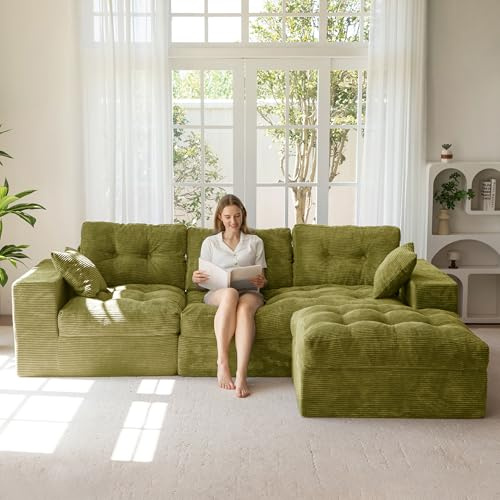MAXYOYO Modular Sectional Sofa,Jumbo Cord 3-4 Seater Corner Sofa Left/Right Hand Facing Corduroy L Shaped Couch for Living Room Bedroom, No Assembly Required Light green