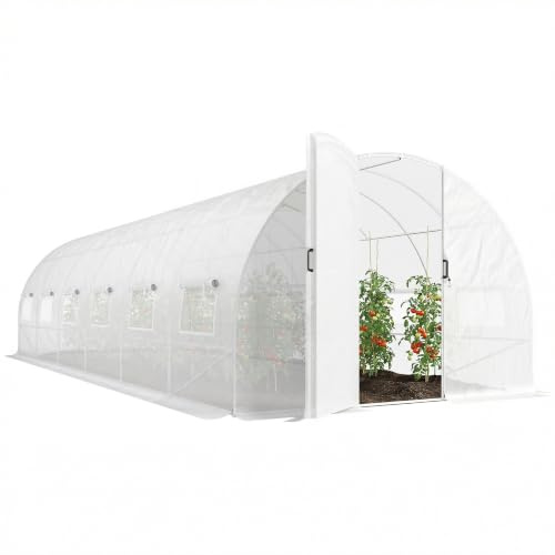 Outsunny Serre Tunnel de Jardin 24m² avec Portes PE 295x798x199cm Blanc | Serre de Jardin Tunnel, 12 Fenêtres avec Moustiquaires, Haute Densité 140 g/m², Prolongée de 20 cm, pour Extérieur