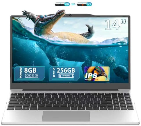 14 Zoll Laptop,256GB NVMe SSD,8GB RAM DDR4 bis zu 32 GB,Celeron N5100 | Ziffernblock,IPS FHD Display,Webcam,180° Scharnier,WiFi,USB 3.0,Ultrasportables PC Notebook für Geschäft & Studium