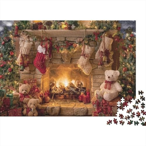 Fireplace Teddy Bear 1000 Piece Jigsaw Puzzle Christmas Decor Warm Home Scene Jigsaw Puzzle for Adults Wall Art Decor Family Game Night Relaxing Activity 52x38cm/1000pcs