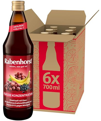 RABENHORST Für die Konzentration 6er Pack (6 x 700 ml) - Mehrfruchtsaft mit Eisen, Vitamin B12 und Ginkgo-Extrakt