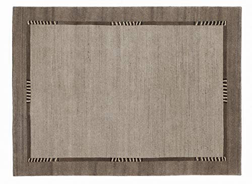 PROMETHEUS BORDER handgeknüpfter Nepal Teppich Wolle in h.grau-natur, Größe: 140x200 cm