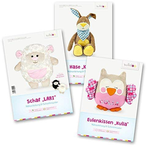 kullaloo 3 Nähnanleitungen inkl. Schnittmuster zum selber Nähen - Kuschelhase Kulio, Eulenkissen Kulla & Kuschelkissen Schaf Lari